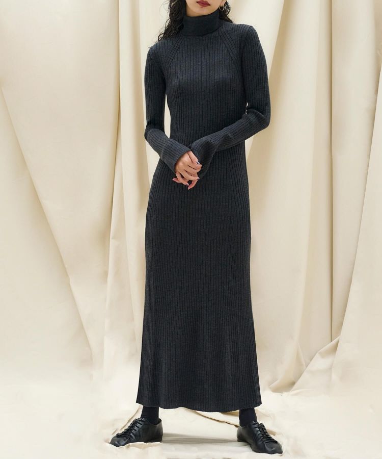 FLARE CUFF TURTLE RIB KNIT DRESS